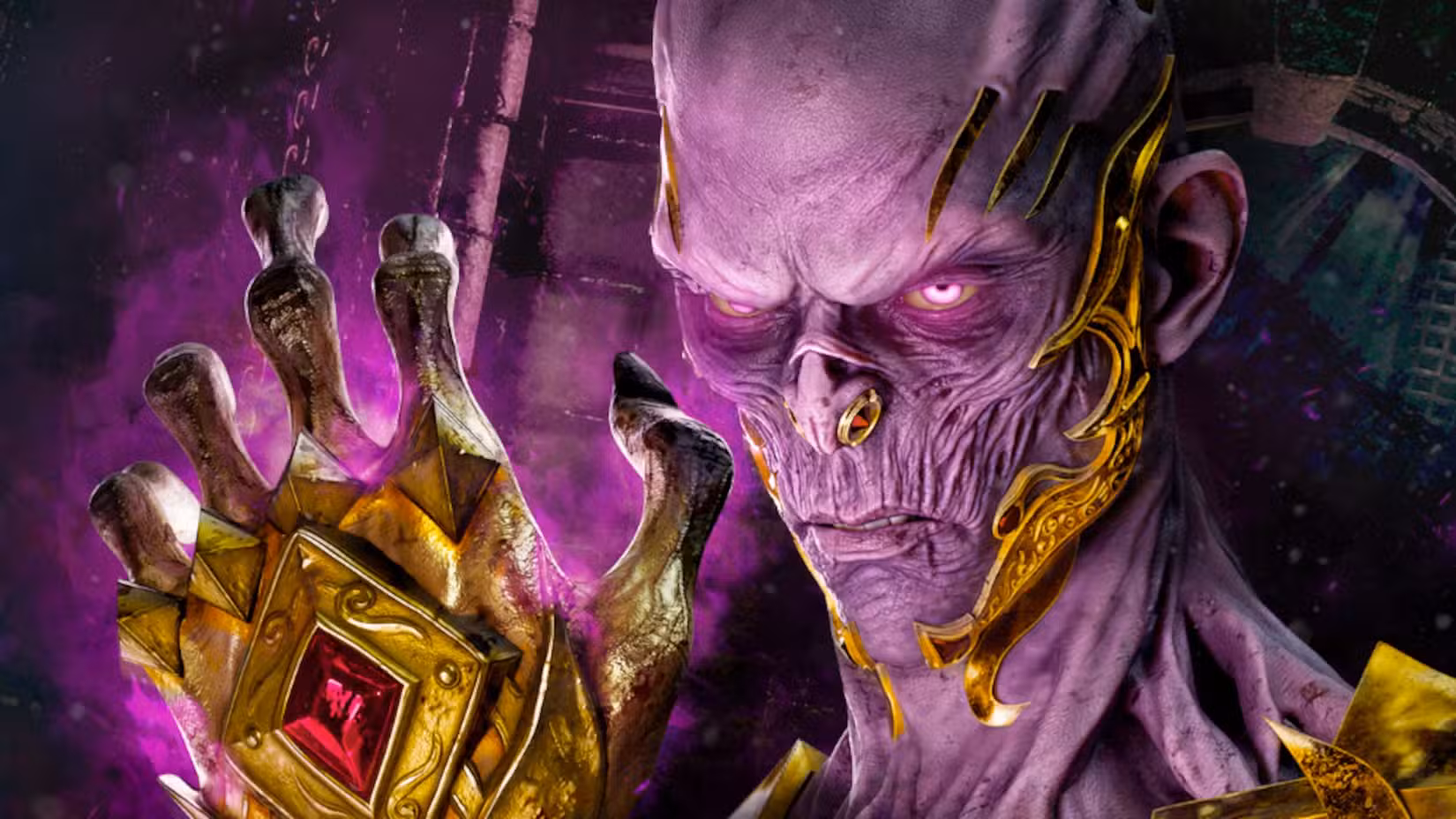 Vecna, o infame lich de D&D, como um assassino de Dead by Daylight. Ele tem um rosto enrugado, pele e olhos roxos e uma mão enluvada dourada que ferve com uma energia sinistra.