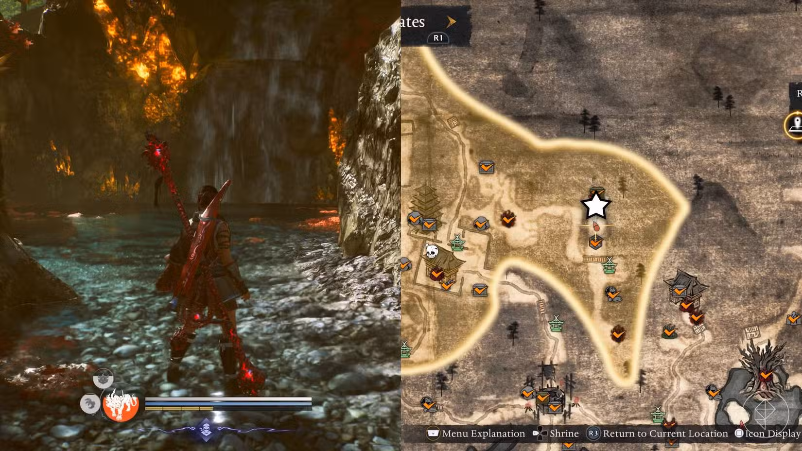 O lado esquerdo da imagem mostra o jogador em frente à cachoeira onde pode lutar contra o Demônio do Orgulho em Nioh 3, enquanto o lado direito da imagem mostra o local marcado com uma estrela no mapa do jogo.