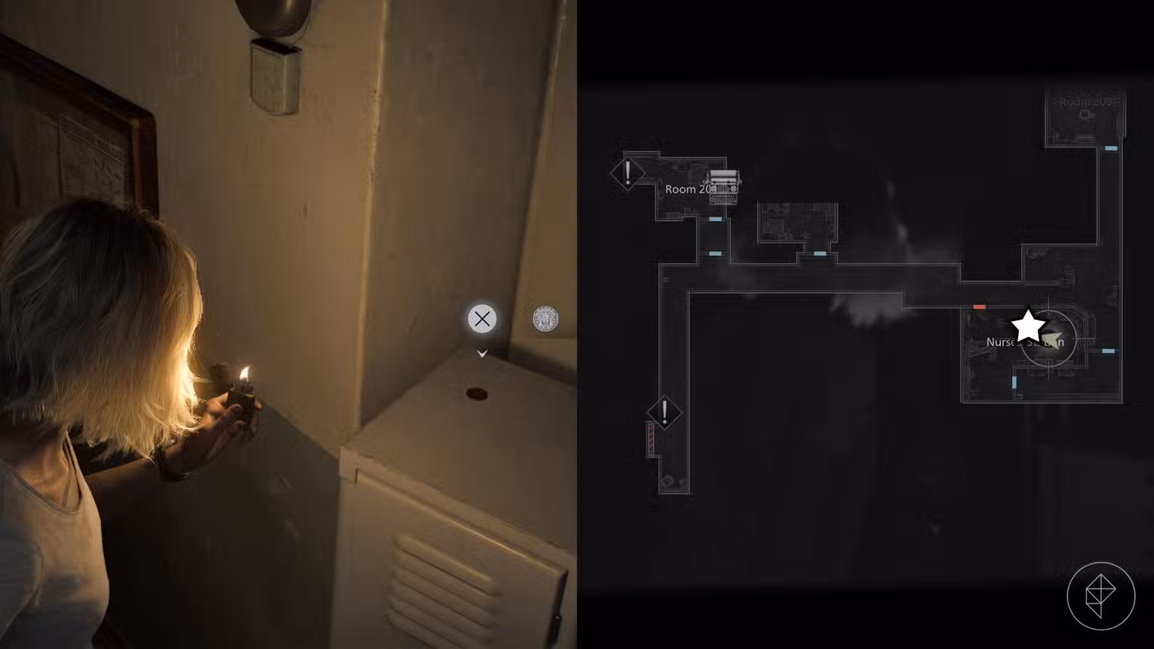 Uma montagem de duas imagens de Resident Evil Requiem mostrando a localização da Moeda Antiga número 1