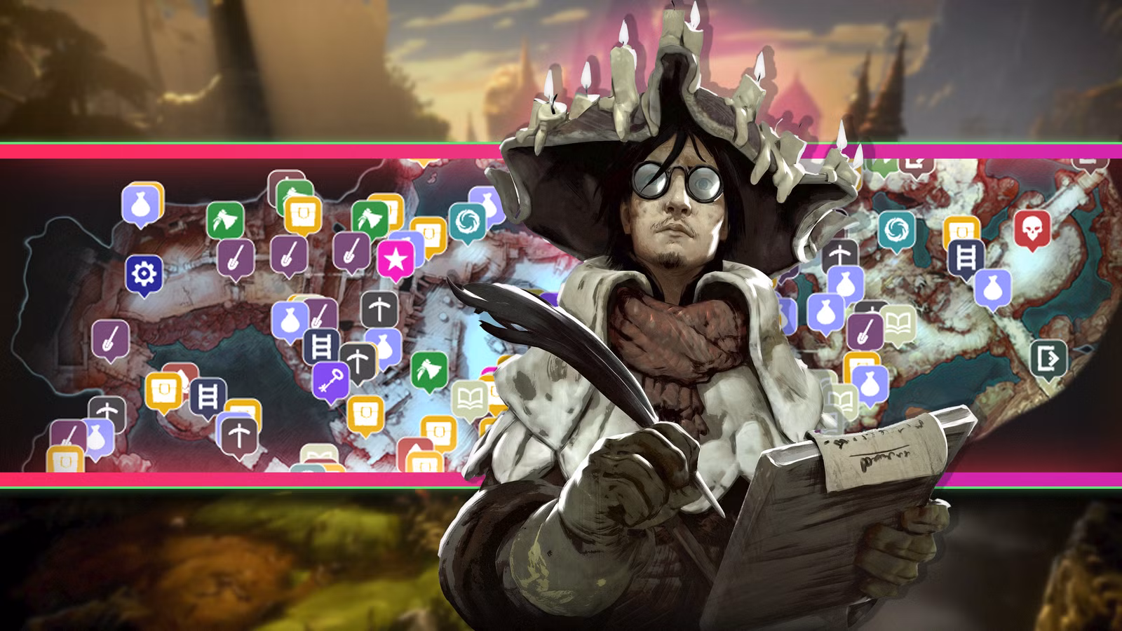 Um escriba de No Rest for the Wicked na frente de um mapa