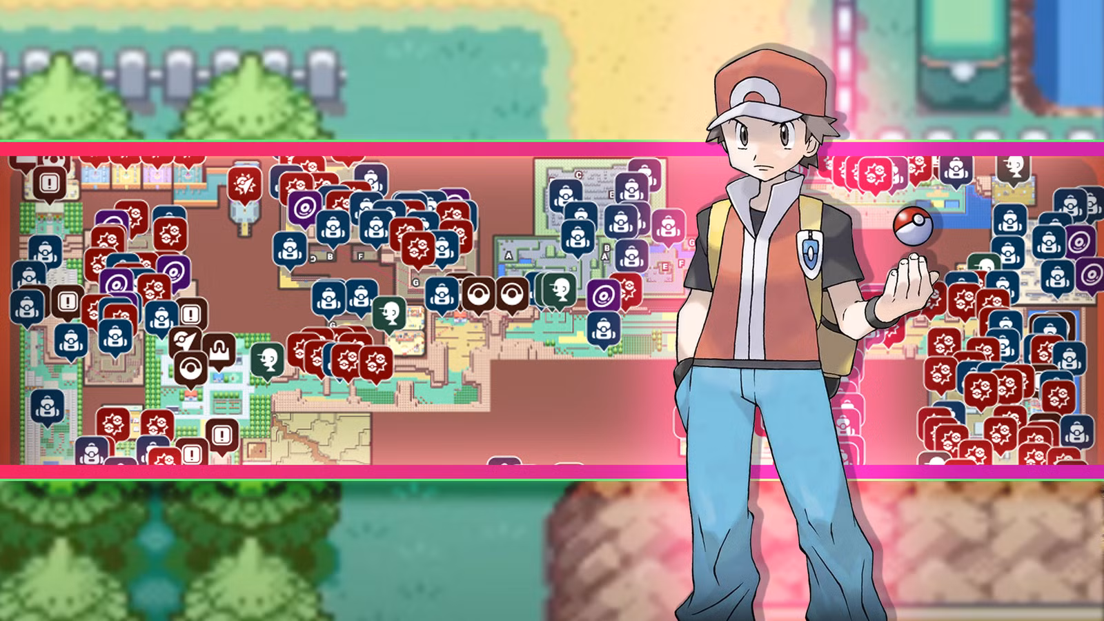Red, o personagem jogável de Pokémon FireRed e LeafGreen, em frente a um mapa da região de Kanto.