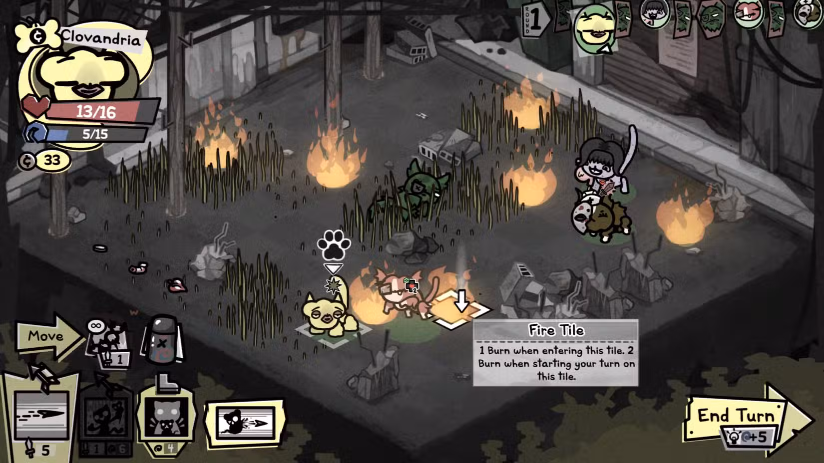 Batalha Mewgenics mostrando quatro gatos espalhados e vários quadrados em chamas