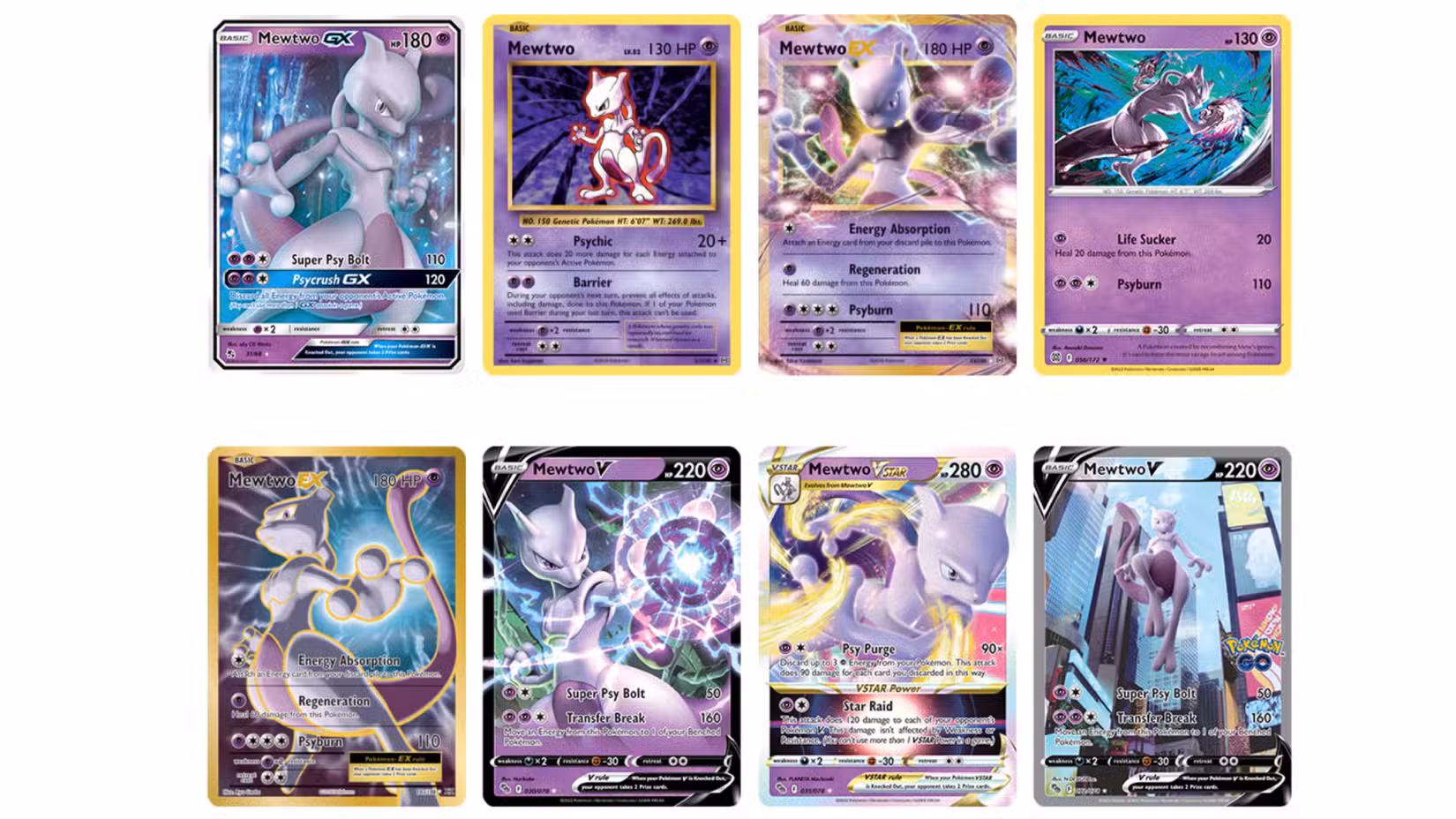Um grupo de oito cartas exclusivas do Mewtwo, incluindo a primeira.