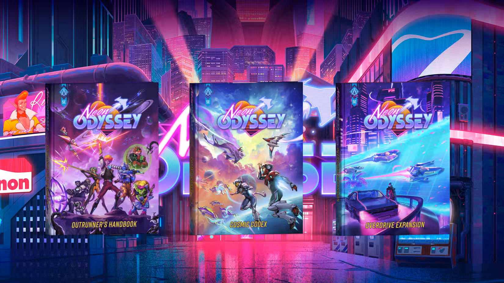 Os três livros do kickstarter Neon Odyssey D&D da Avantris