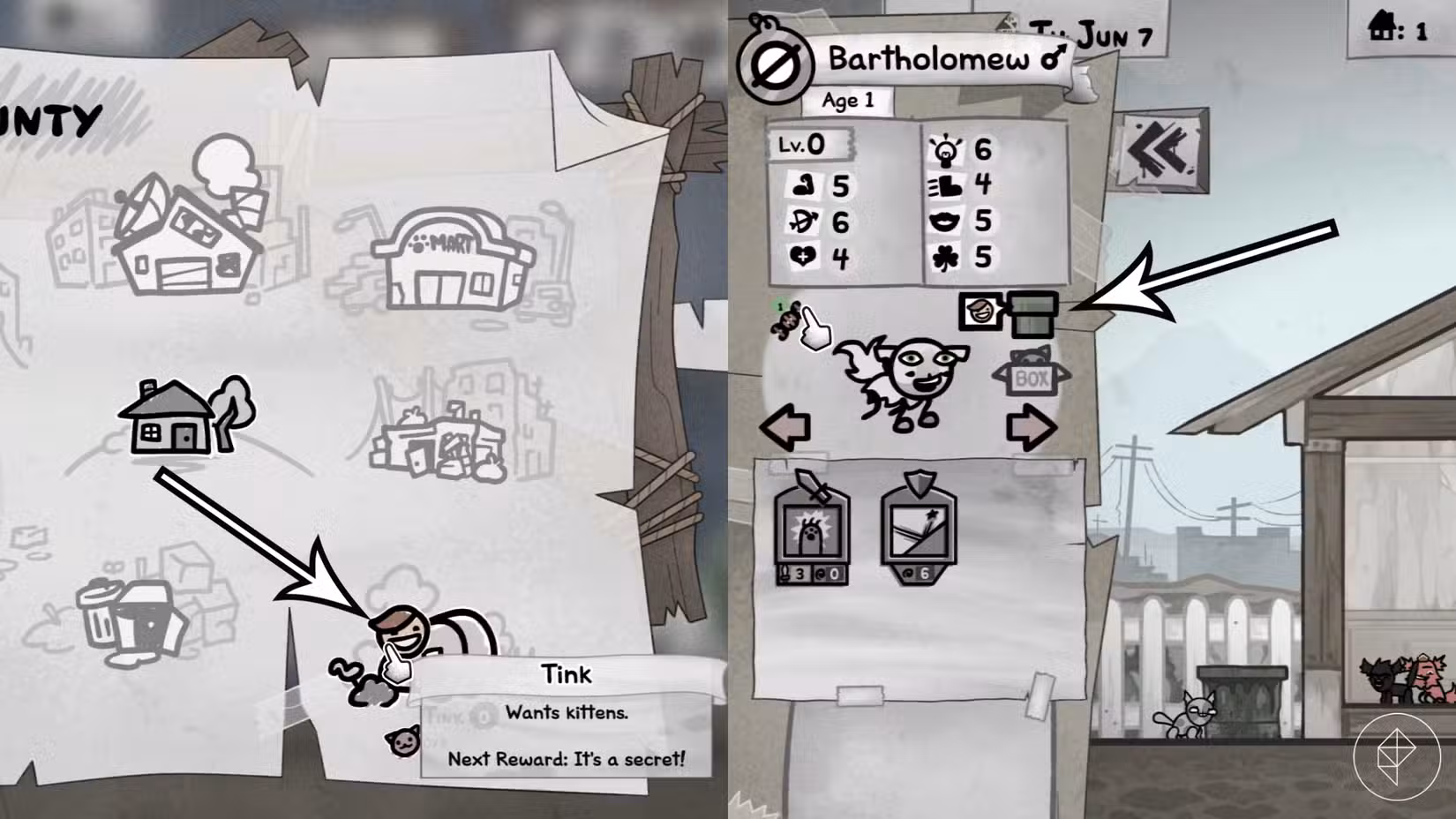 As setas apontam para a localização de Tink e o tubo para doação de gatos no Mewgenics.