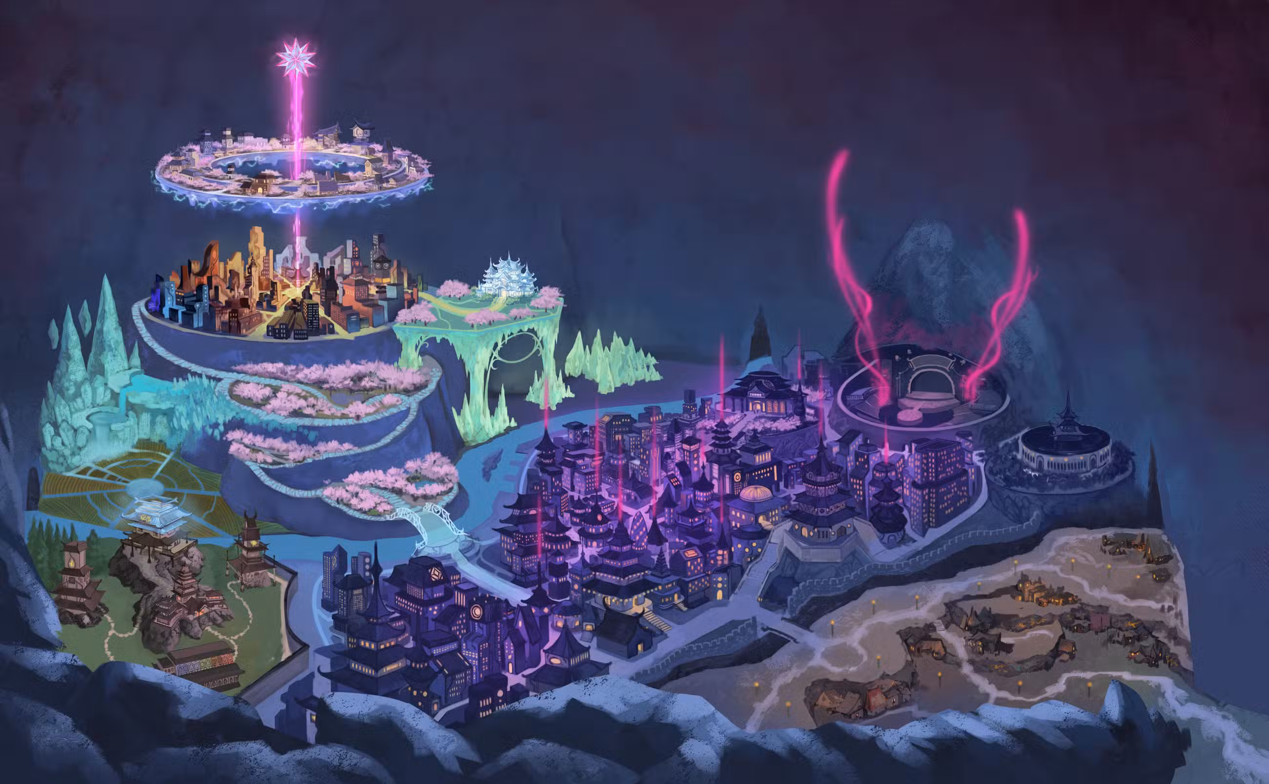 Mapa de uma cidade-caverna subterrânea mágica.