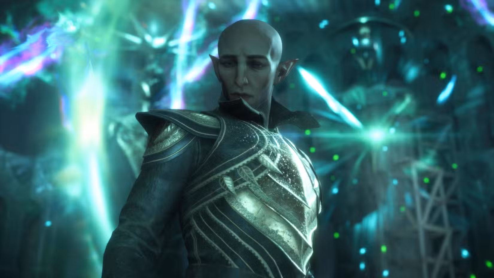 Solas – um elfo pálido e sem pelos – olha para baixo e para a esquerda, parecendo com o coração partido.