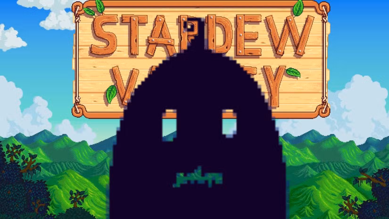 Krobus, uma silhueta negra e fantasmagórica, encara a tela parecendo um tanto preocupado. Atrás dele está a tela inicial de Stardew Valley.