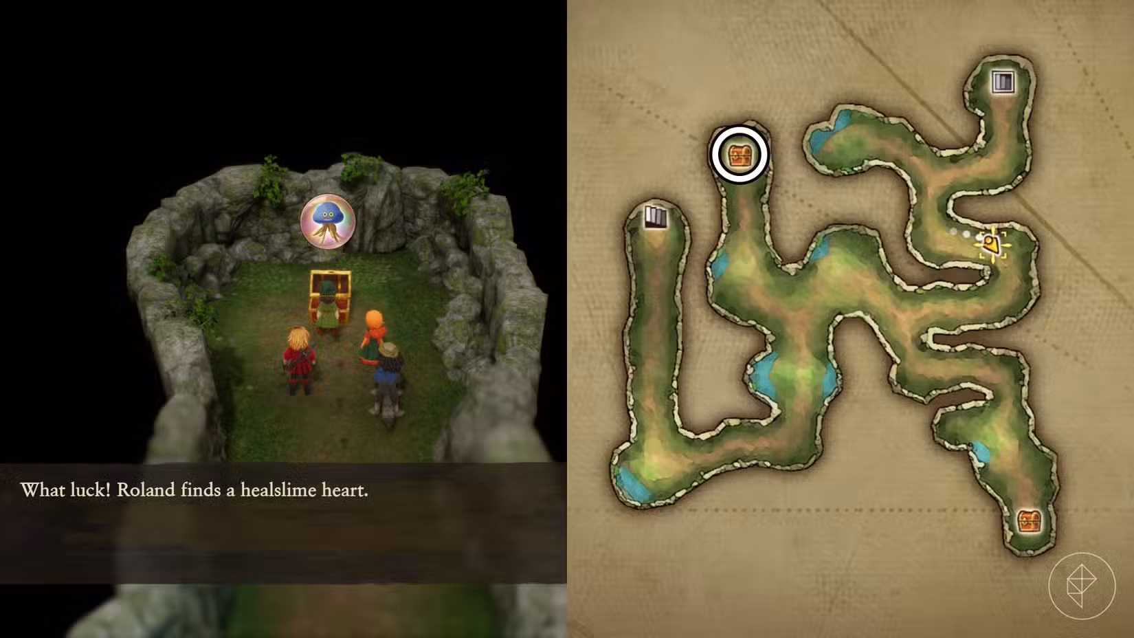 Uma montagem usando duas capturas de tela do Dragon Quest 7 Reimagined mostrando a localização do coração healslime