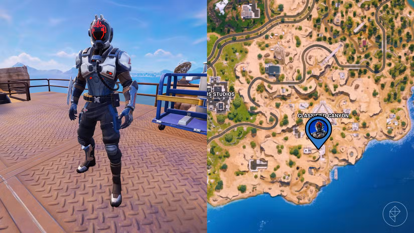 A localização do Visitante marcada no mapa Fortnite.