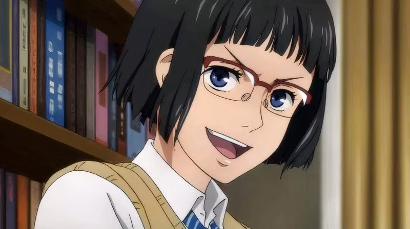 Uma jovem garota de anime com cabelos escuros e óculos