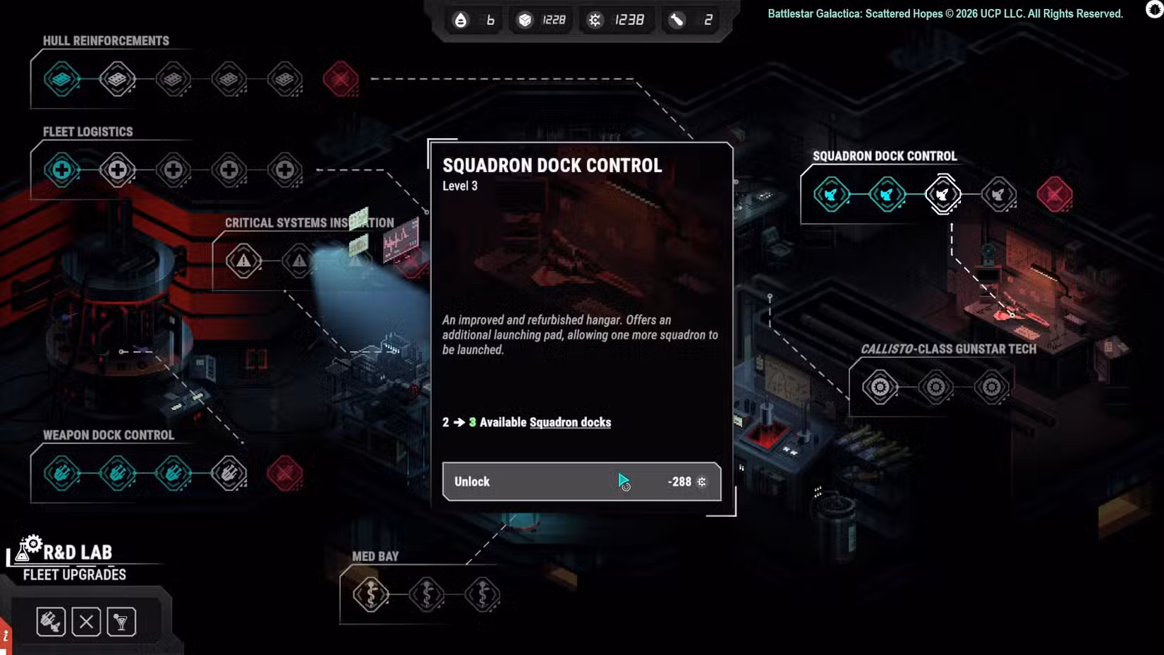 O laboratório de P&D em Battlestar Galactica: Scattered Hopes mostra atualizações disponíveis para o controle da doca do esquadrão