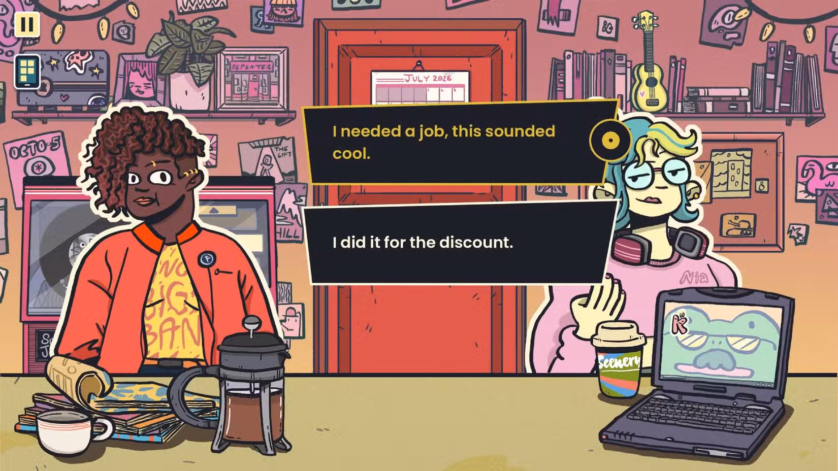 Uma captura de tela do Wax Heads mostrando duas opções de diálogo na sala dos professores.