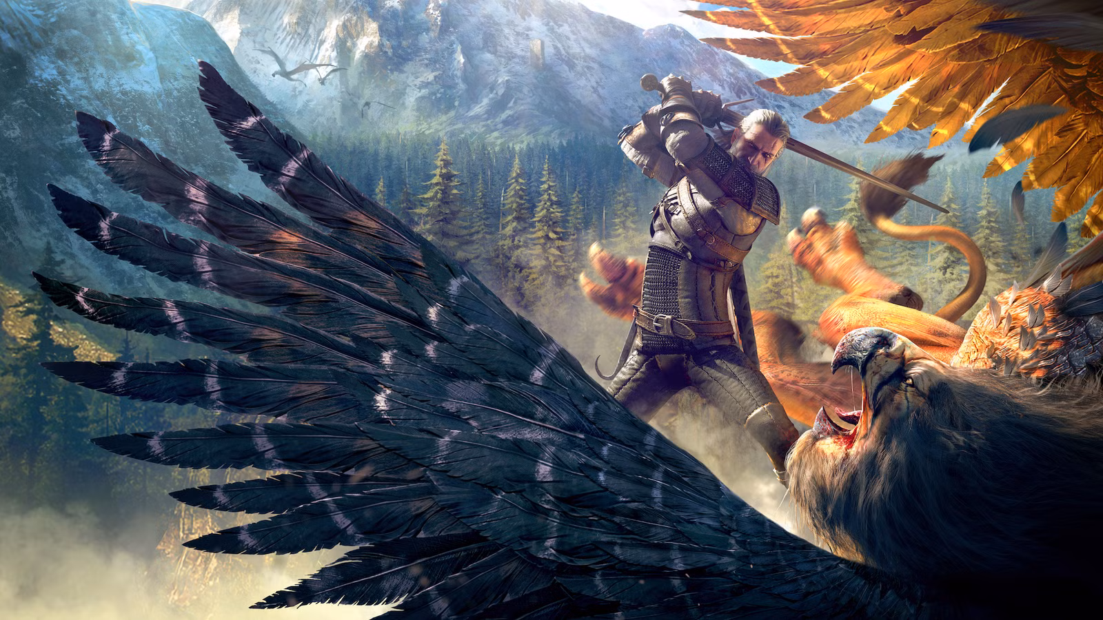 Geralt luta contra um grifo na arte de The Witcher 3: Wild Hunt
