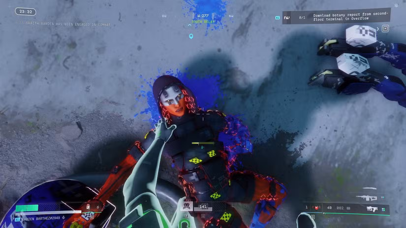 O jogador na Maratona prestes a executar um inimigo caído no chão.