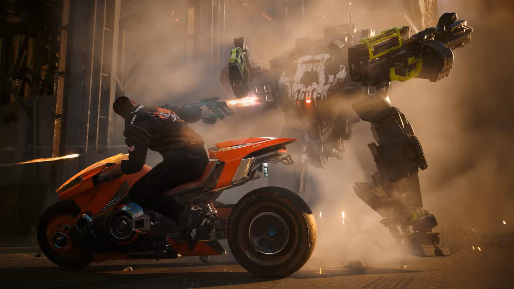 Uma captura de tela do protagonista V disparando uma arma contra um soldado blindado Barghest na expansão Phantom Liberty do Cyberpunk 2077.