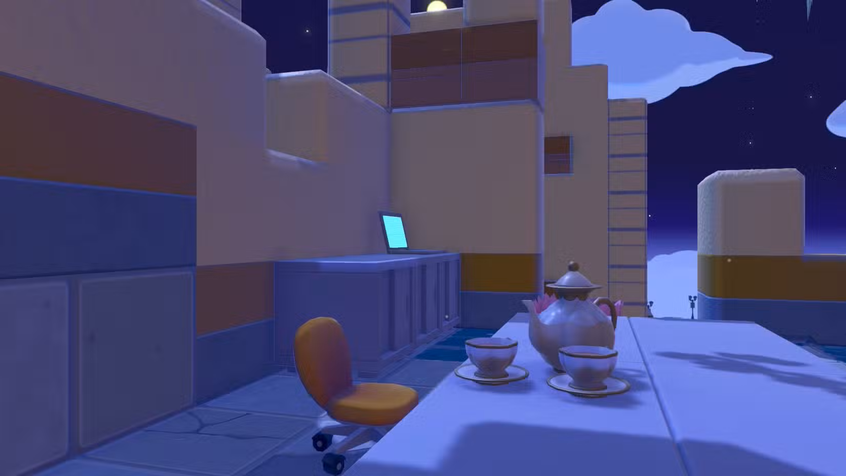 Uma sala escura e quebrada que tem uma mesa, um bule e um laptop dentro de Pokémon Pokopia