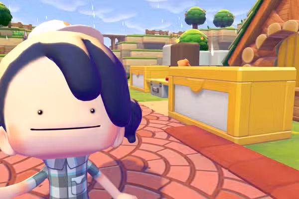 A Ditto tira uma selfie na frente de uma grande caixa de armazenamento em Pokopia