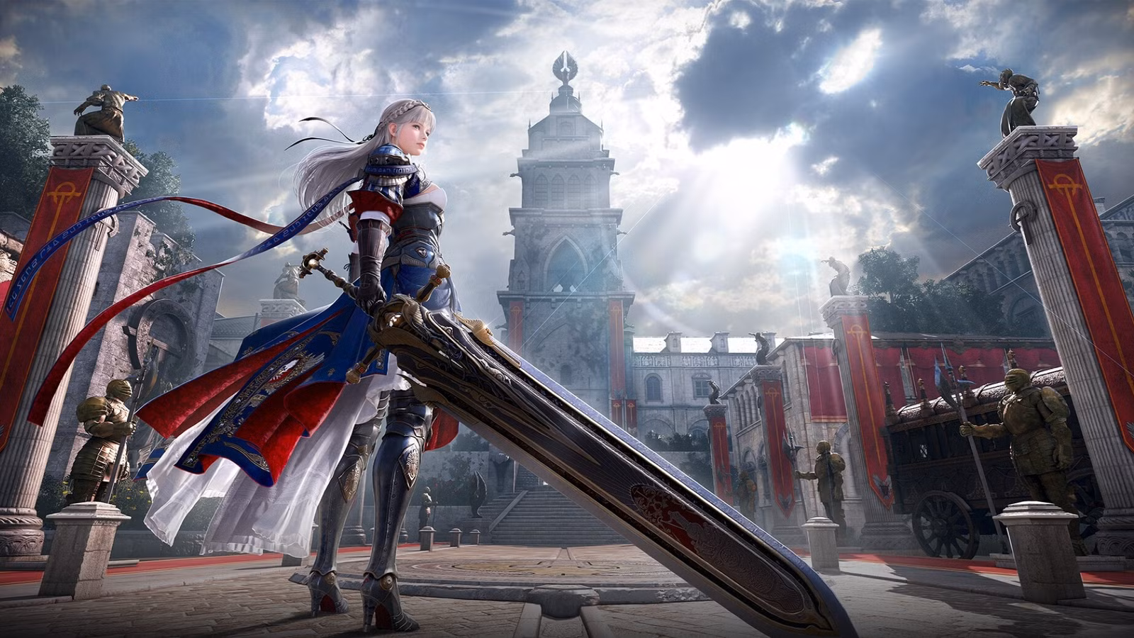 Uma mulher segurando uma grande espada em uma captura de tela de Black Desert