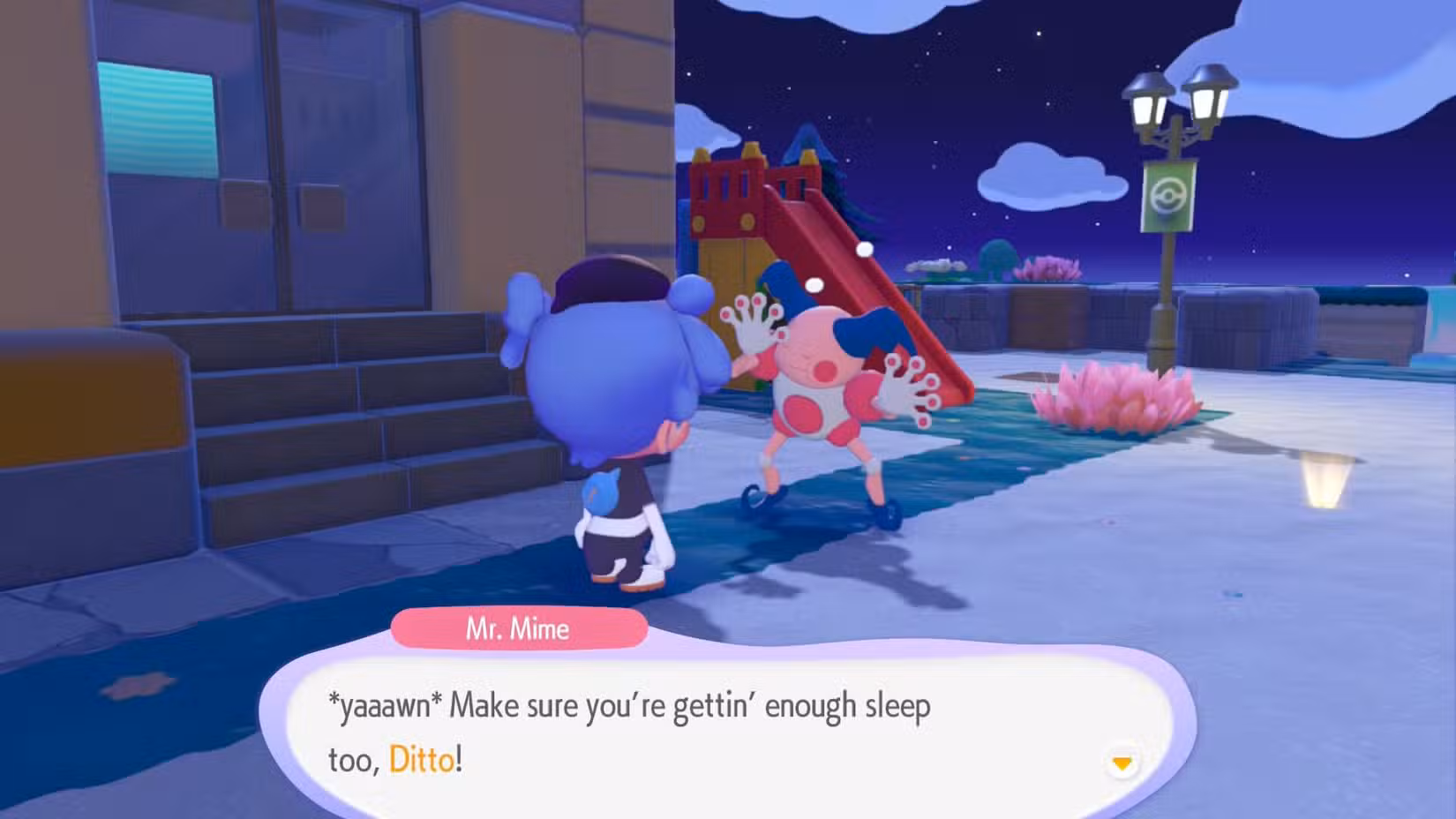 Mime diz a Ditto para dormir em Pokémon Pokopia.