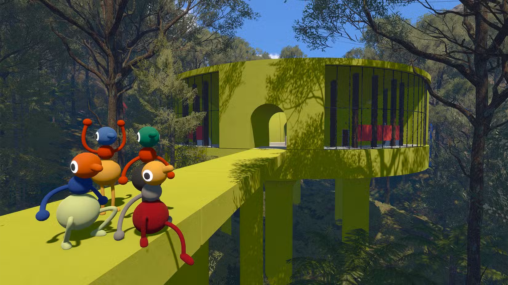 Quatro personagens de Big Walk sentam-se em uma saliência em Big Walk