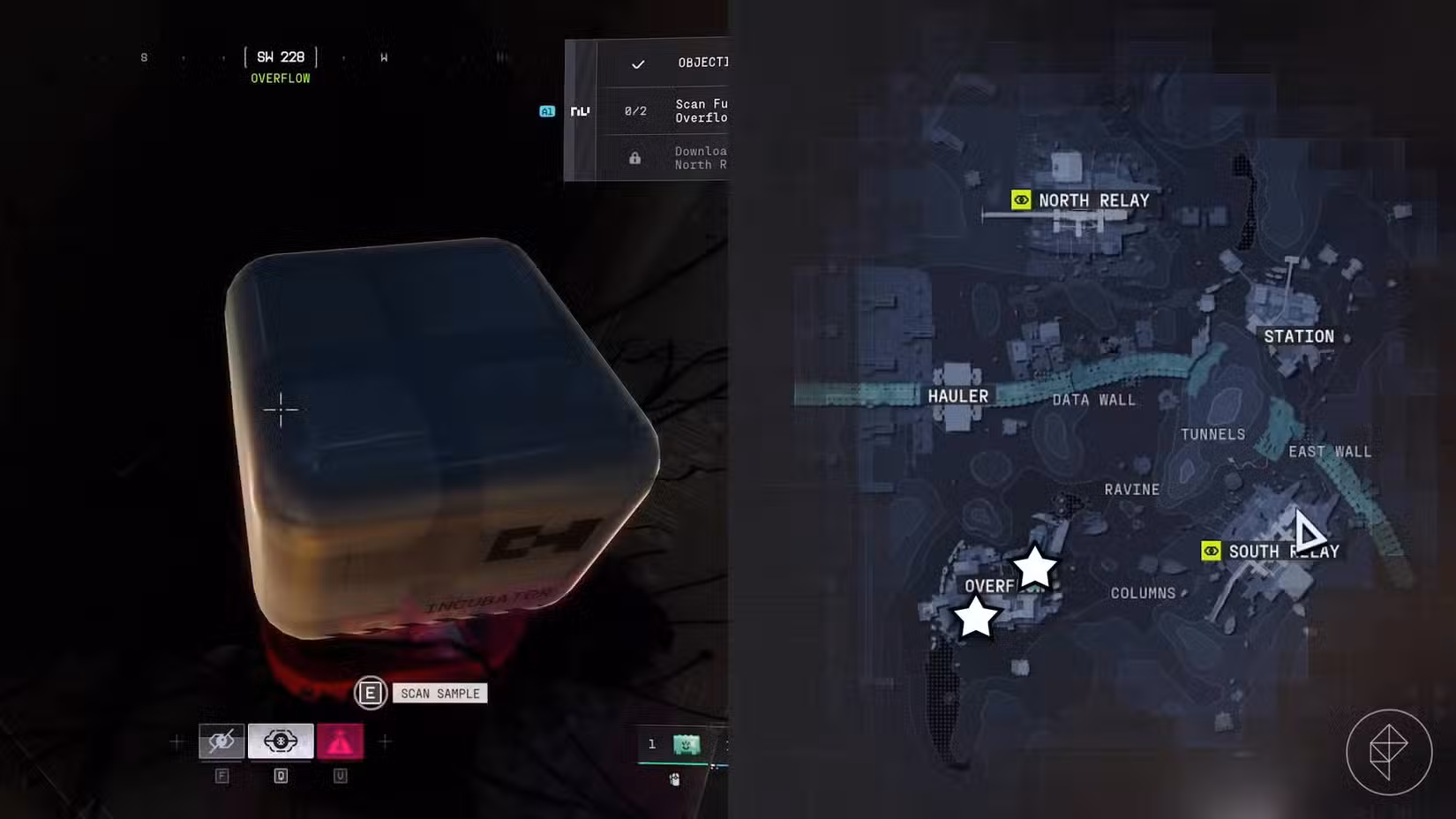 O lado esquerdo da imagem mostra o jogador no Marathon escaneando uma bioimpressora de fungos, enquanto o lado direito mostra os dois locais marcados no mapa do jogo com ícones de estrelas.