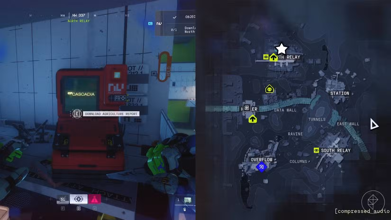 O lado esquerdo da imagem mostra o jogador do Marathon baixando o relatório agrícola, enquanto o lado direito mostra a localização dele marcada no mapa do jogo com uma estrela.