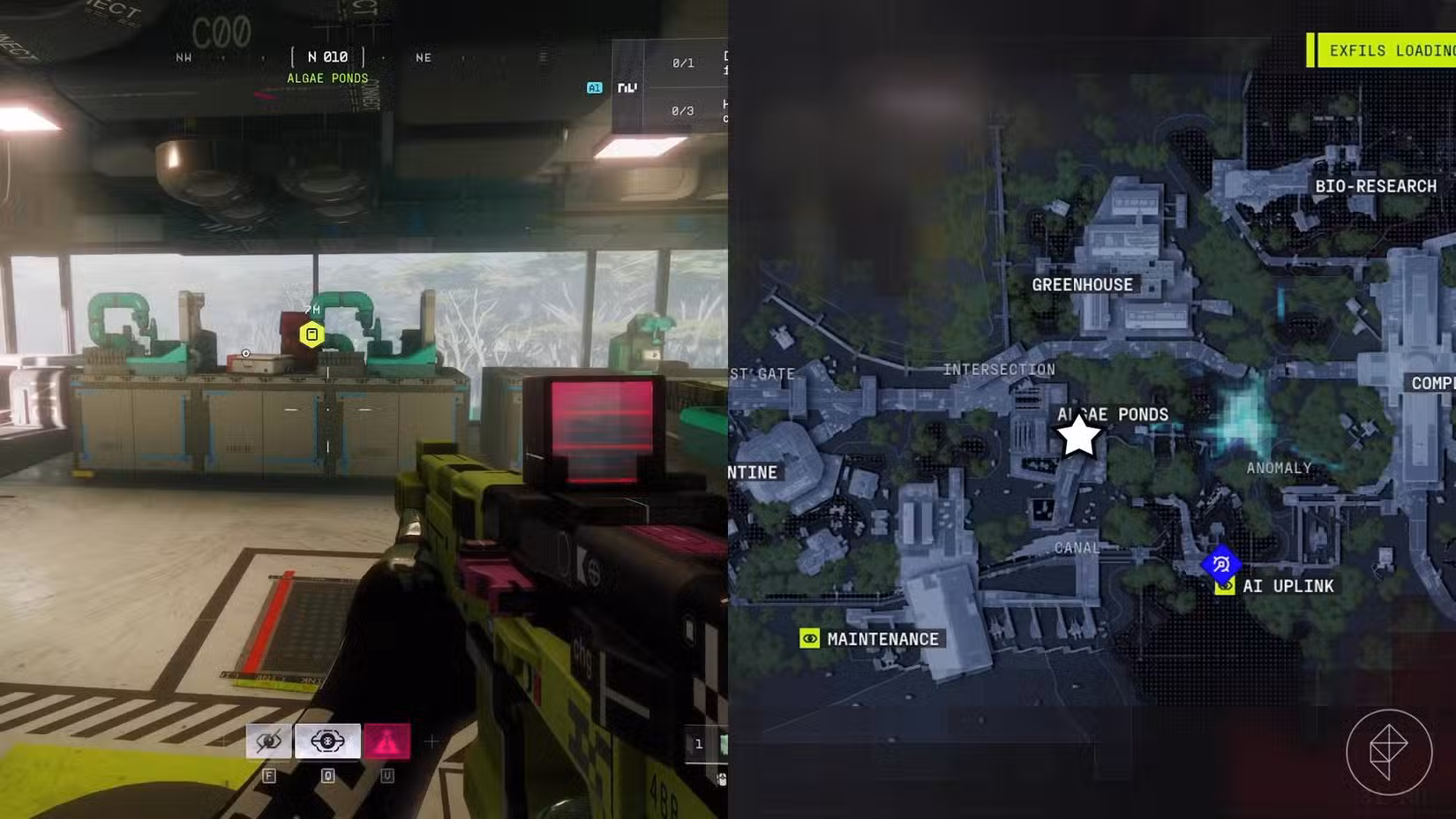 O lado esquerdo da imagem mostra o jogador na sala com o objetivo de baixar os registros da colheita na Maratona, enquanto o lado direito da imagem mostra o local marcado no mapa do jogo com uma estrela.