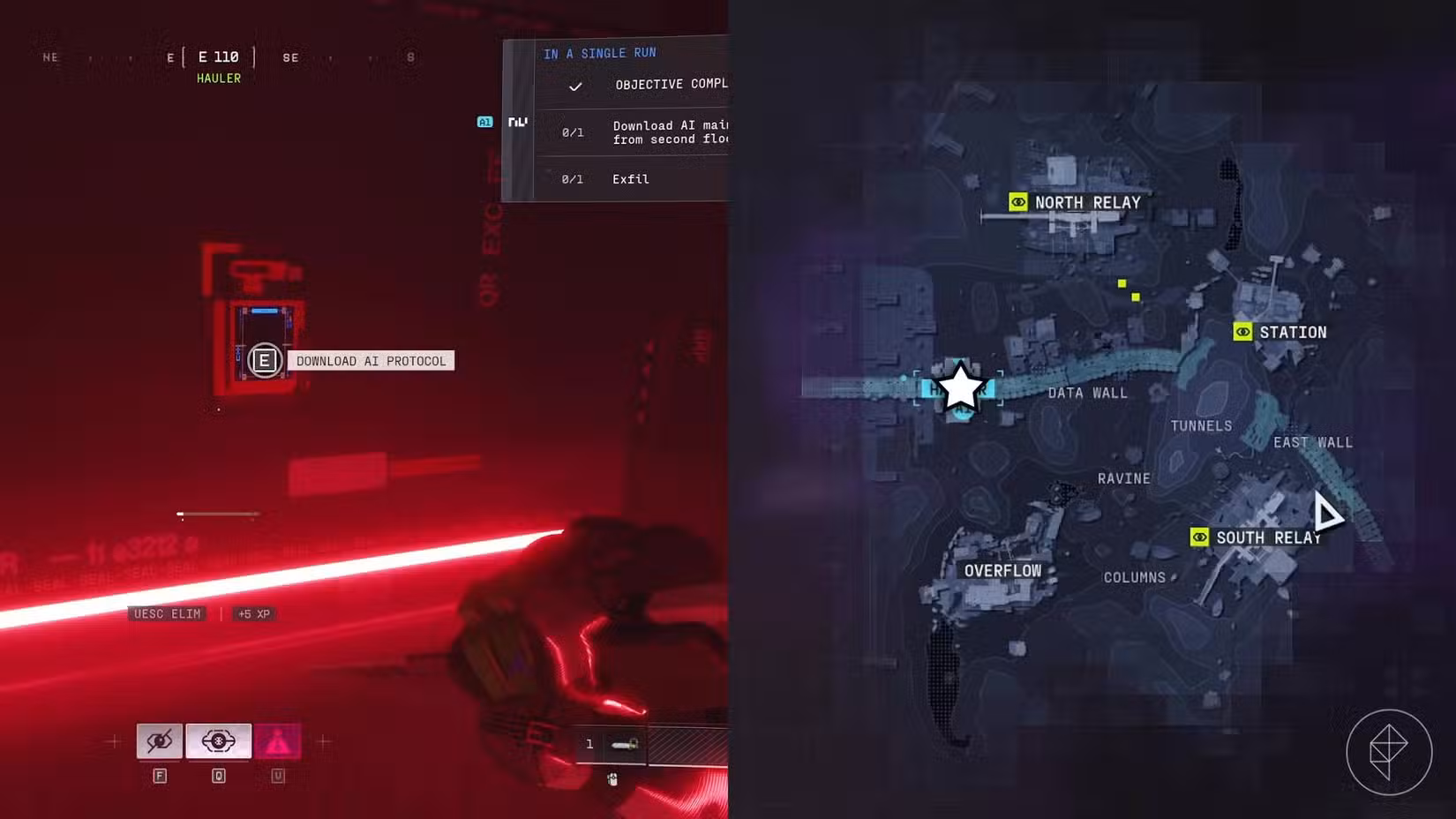 O lado esquerdo da imagem mostra o jogador na frente do prompt para baixar o protocolo AI, enquanto o lado direito da imagem mostra o local marcado no mapa do jogo com um ícone de estrela.