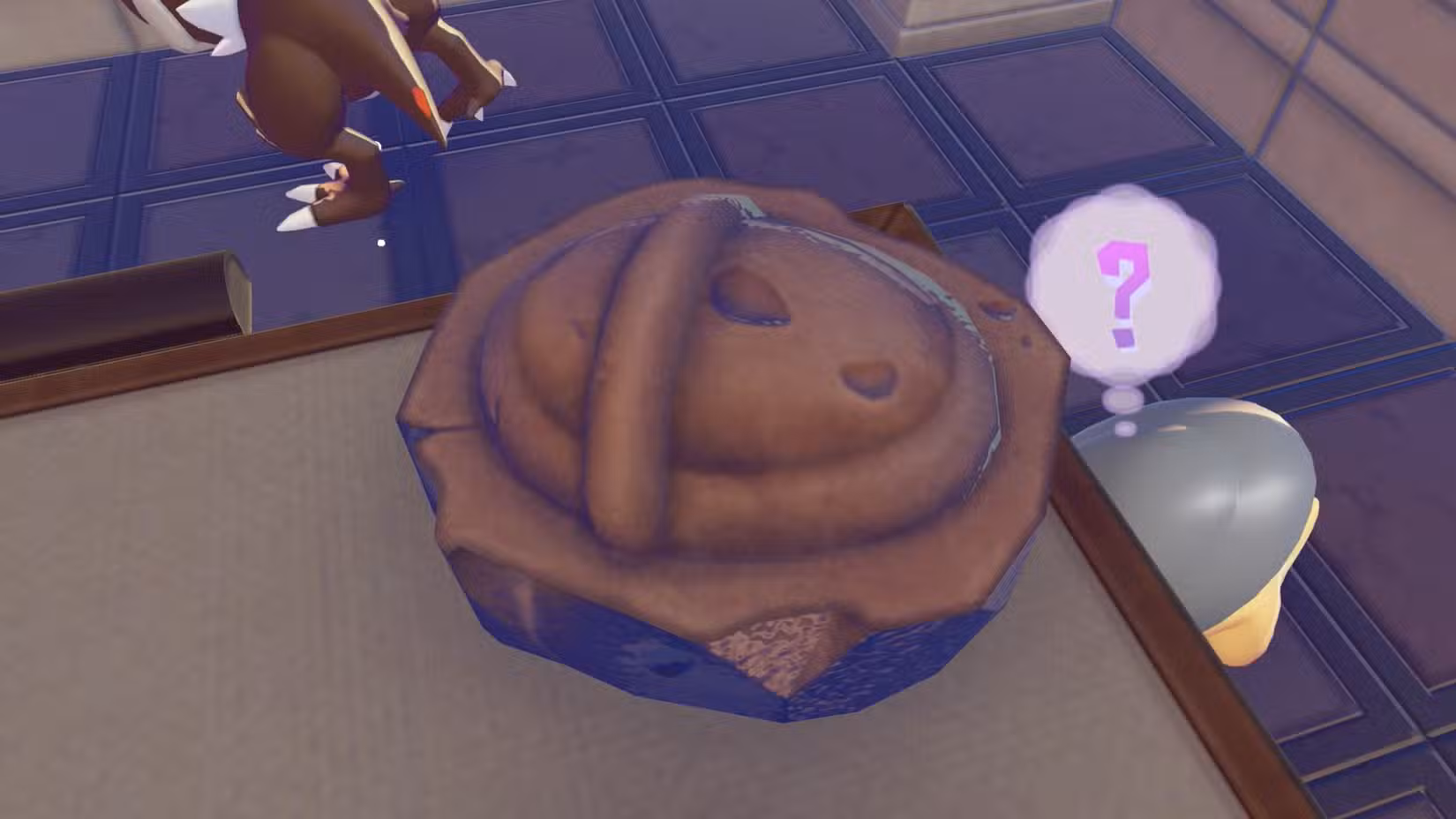 Fóssil de Shieldon em exibição em Pokopia