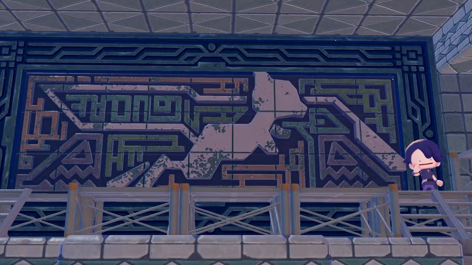 Um Mew esculpido em pedra em Pokopia enquanto um Ditto faz sinal de positivo ao lado dele