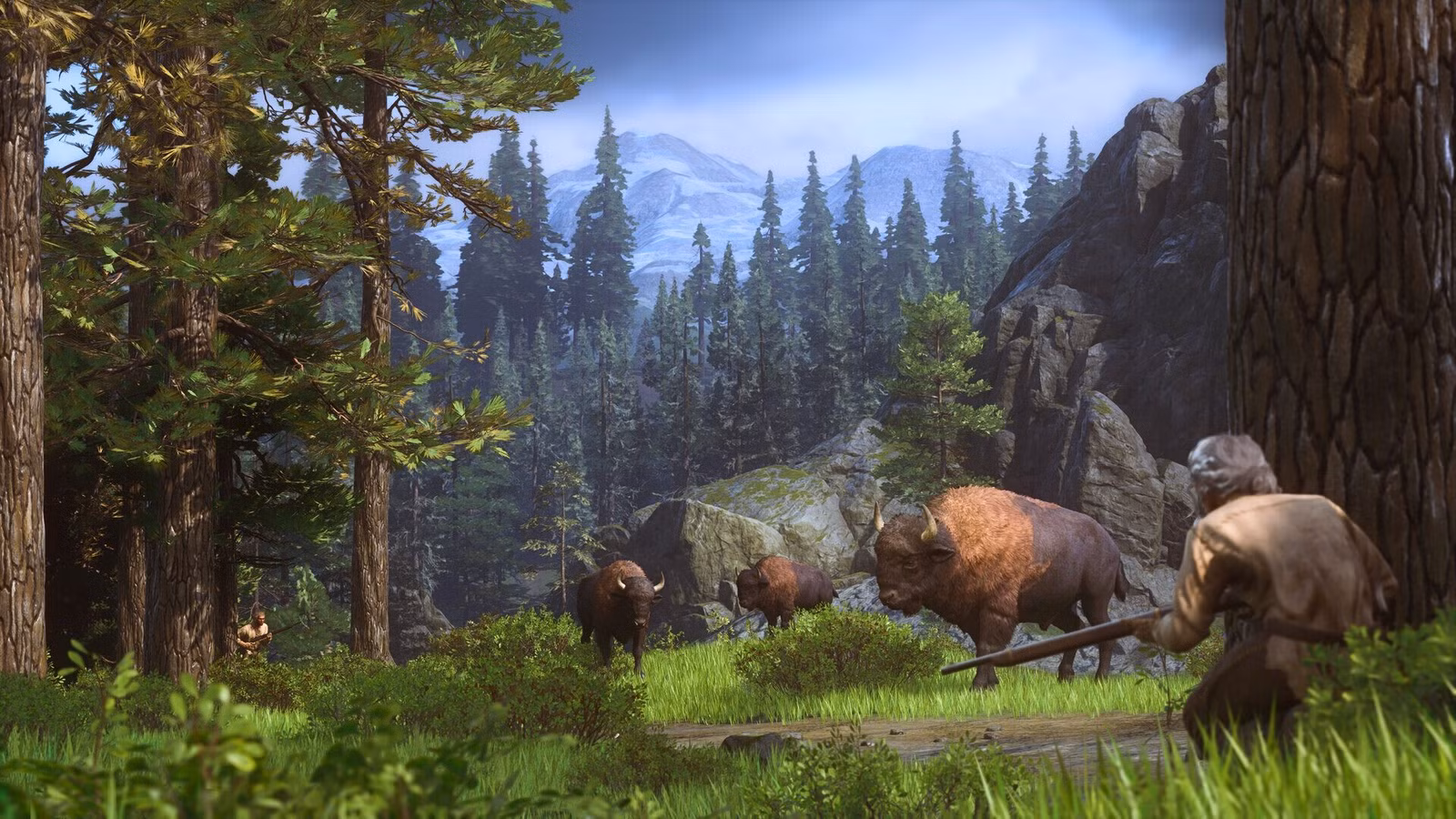 Uma imagem de A Lenda da Califórnia. Mostra um jogador perseguindo dois búfalos, com uma arma na mão. Eles estão em uma área florestal.