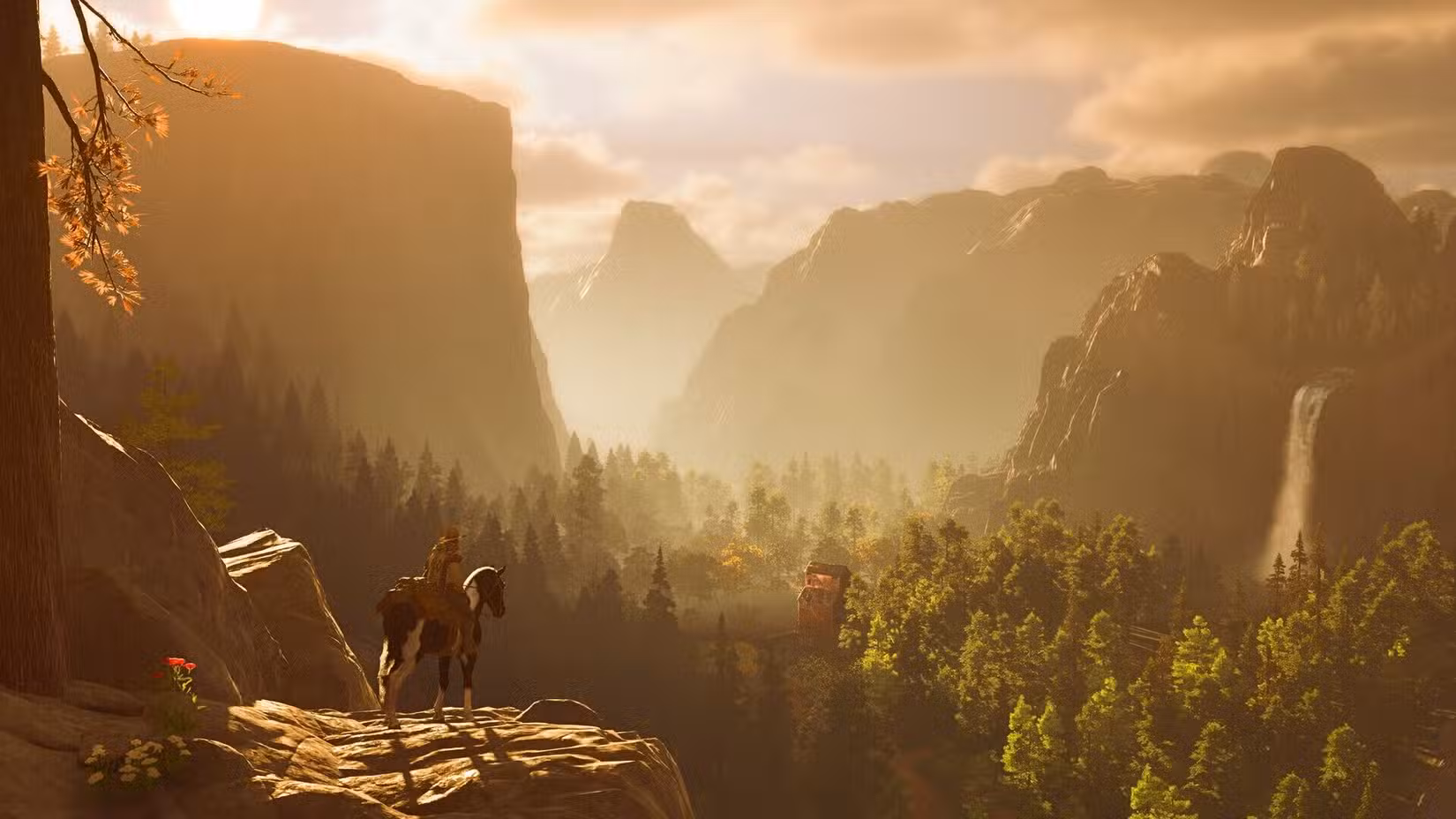 Uma imagem que mostra um cowboy montado em um cavalo com vista para uma área de floresta e montanha. É uma captura de tela de The Legend of California de ex-desenvolvedores de Overwatch.