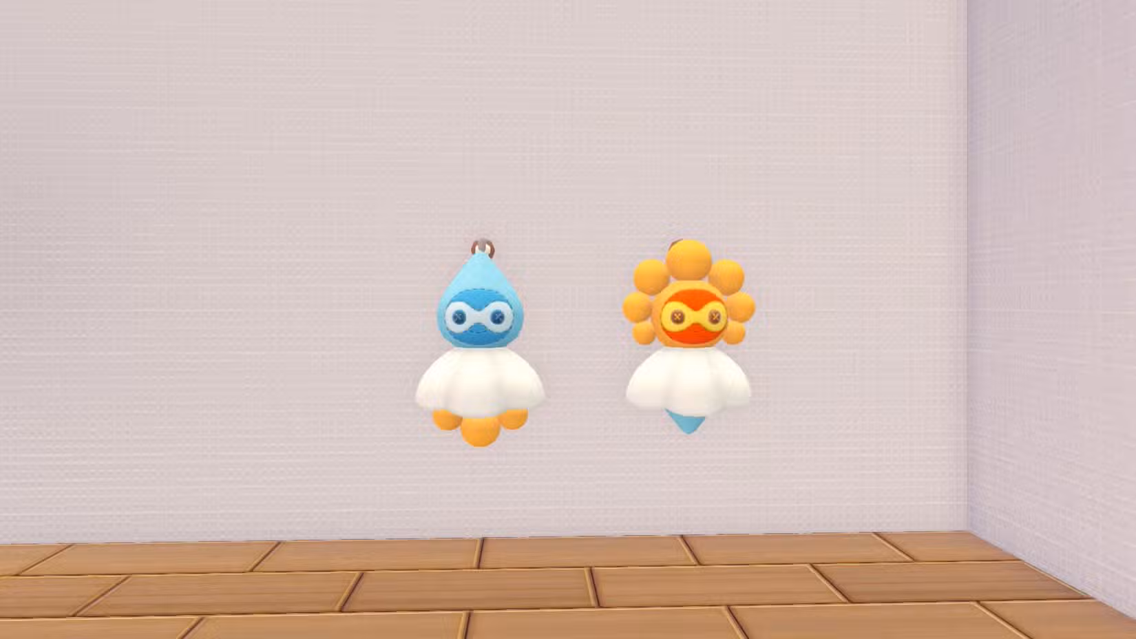 Dois amuletos Castform, um mudado para chuvoso e outro para ensolarado em Pokopia.