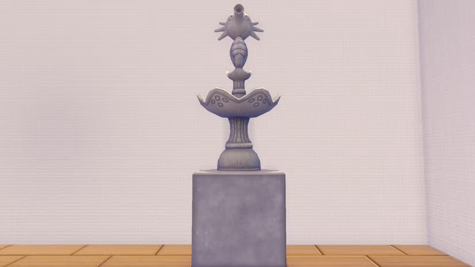 Uma fonte de pedra com um Horsea no topo em Pokopia.