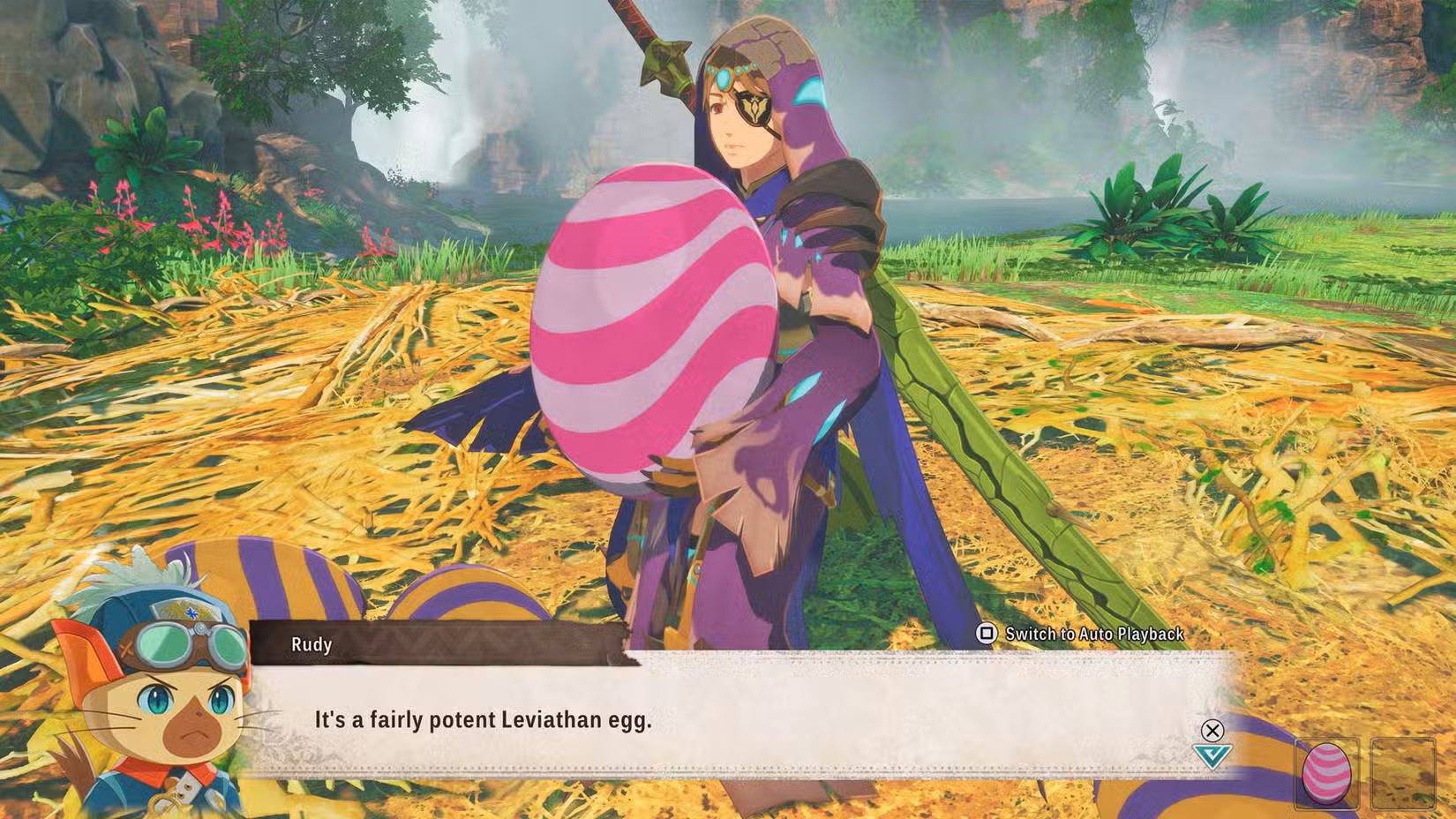 Uma captura de tela de Monster Hunter Stories 3 mostrando um personagem pegando um ovo