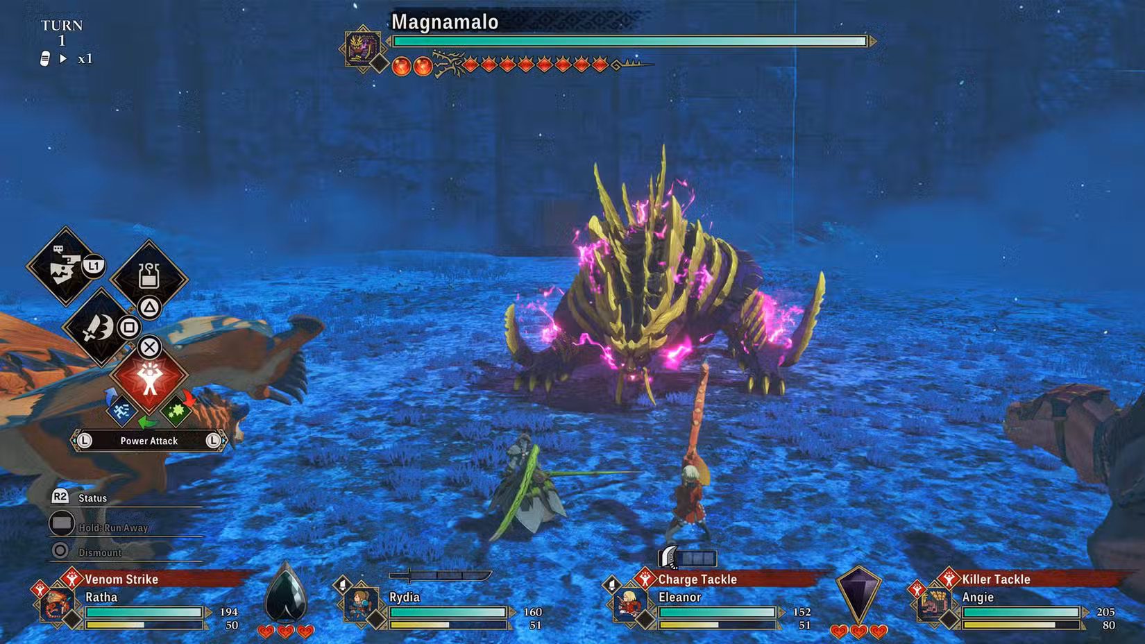 Captura de tela de A Monster Hunter Stories 3: Twisted Reflection mostrando uma luta contra Manamalo