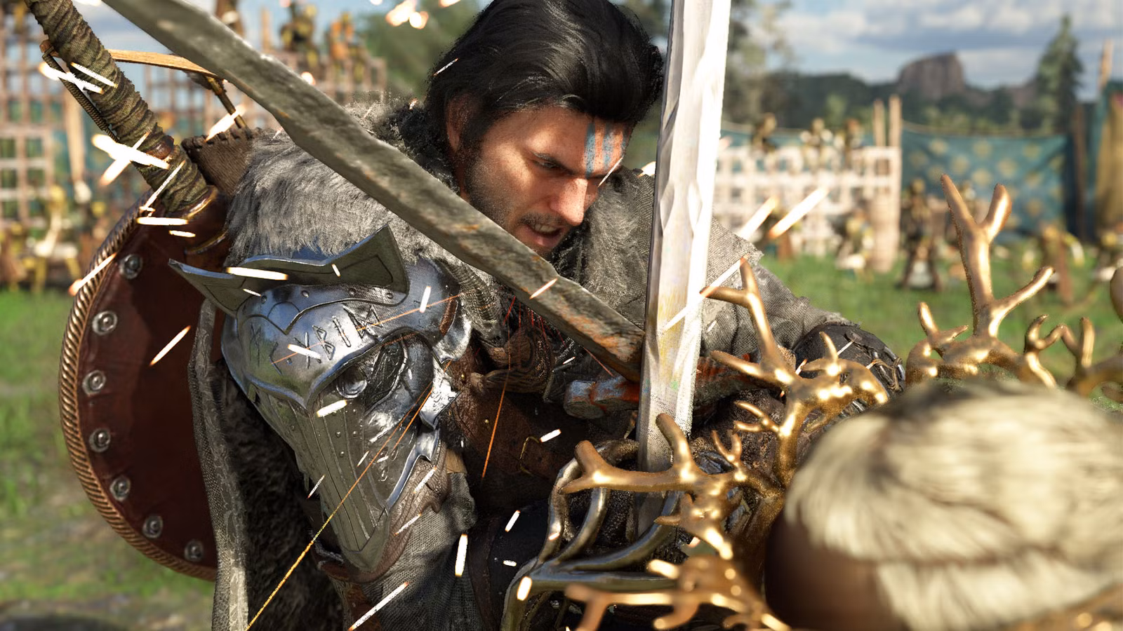 Uma captura de tela oficial do Crimson Desert mostrando Kliff lutando