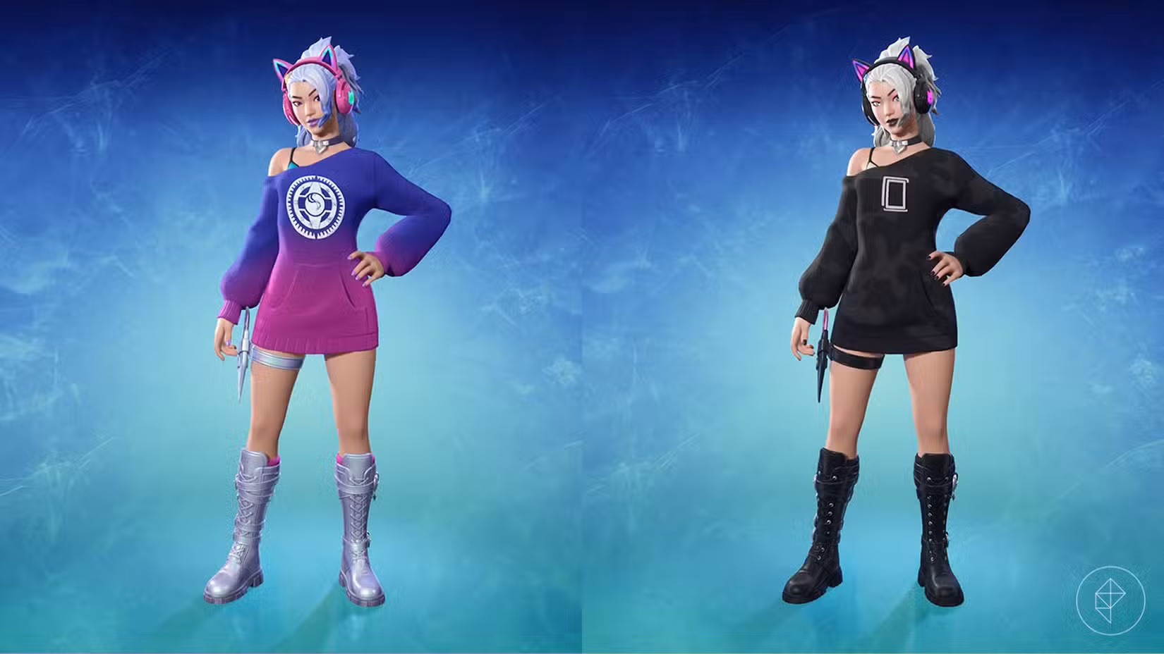 A skin Dasha Fortnite, uma garota vestindo um suéter grande e fones de ouvido de gato junto com sua roupa alternativa.