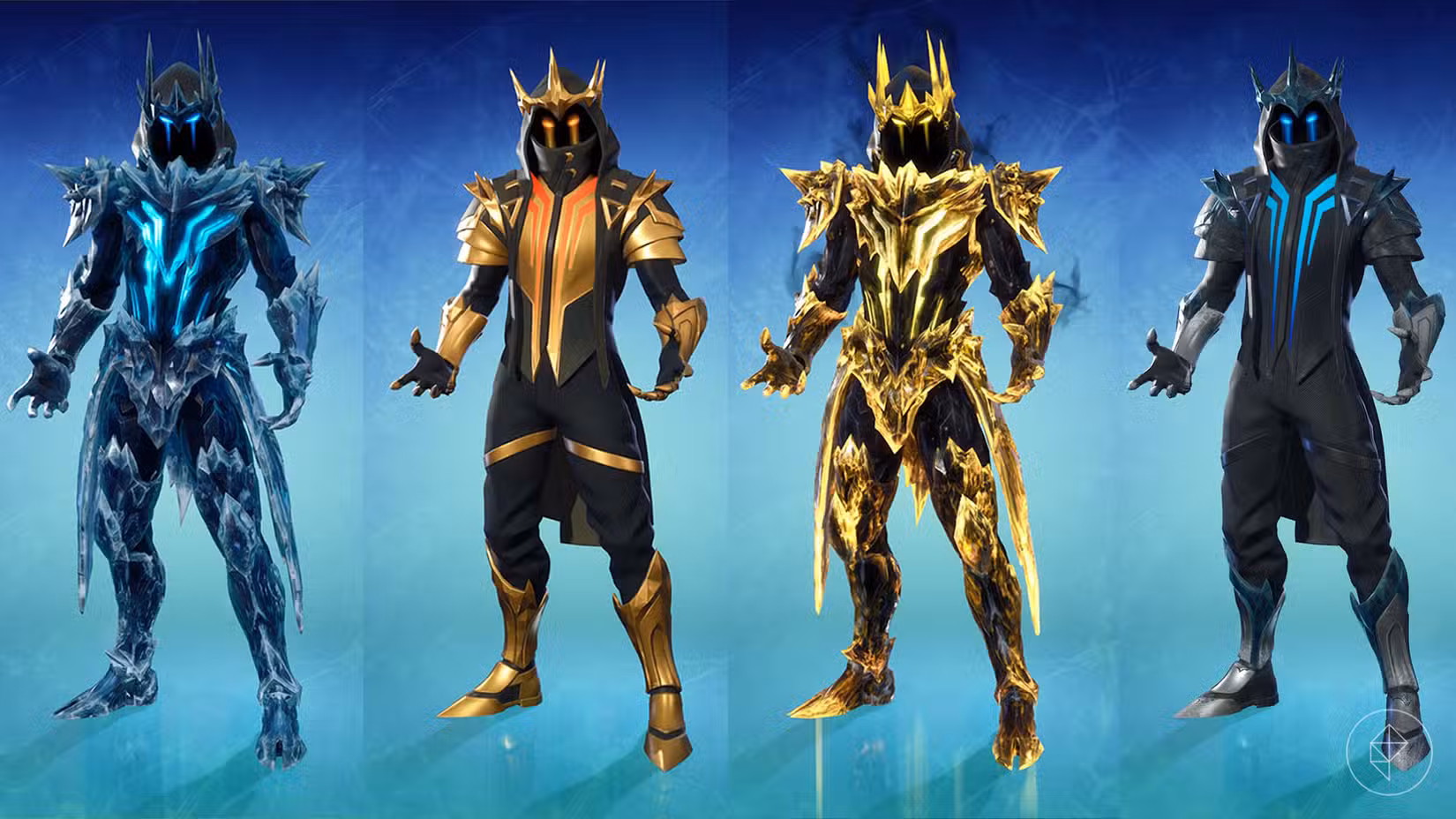 O Rei Gelado, um cavaleiro coberto de gelo, junto com suas skins alternativas em Fortnite.