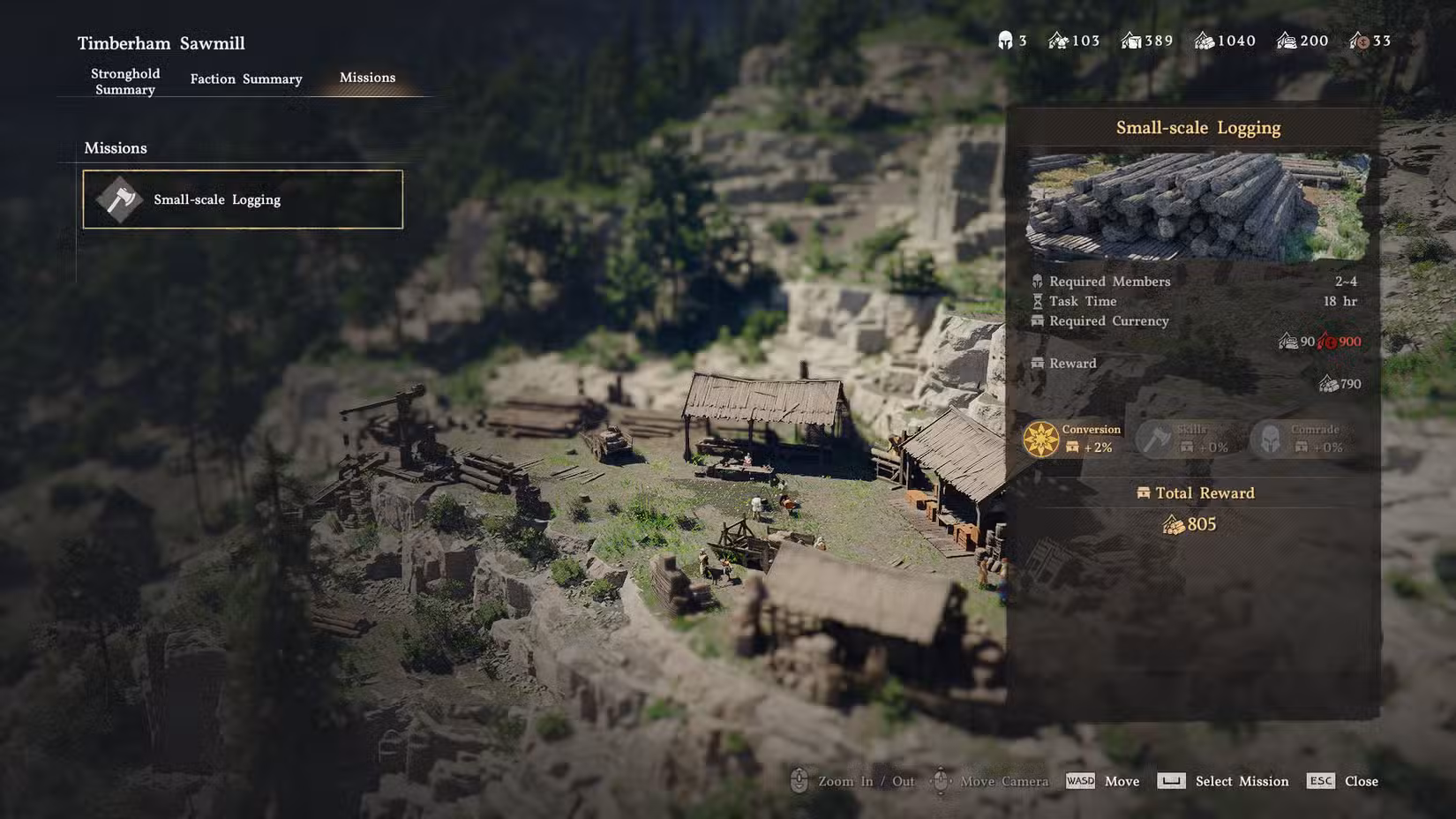 Uma exibição de tela do Crimson Desert mostrando a missão da Timberham Sawmill