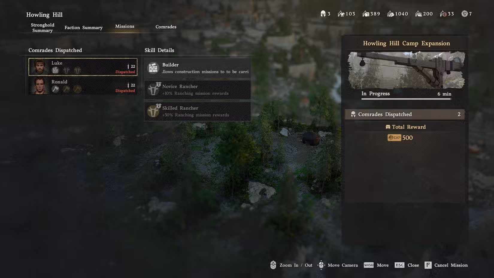 Uma captura de tela do Crimson Desert mostrando o progresso da missão de expansão do Howling Hill Camp