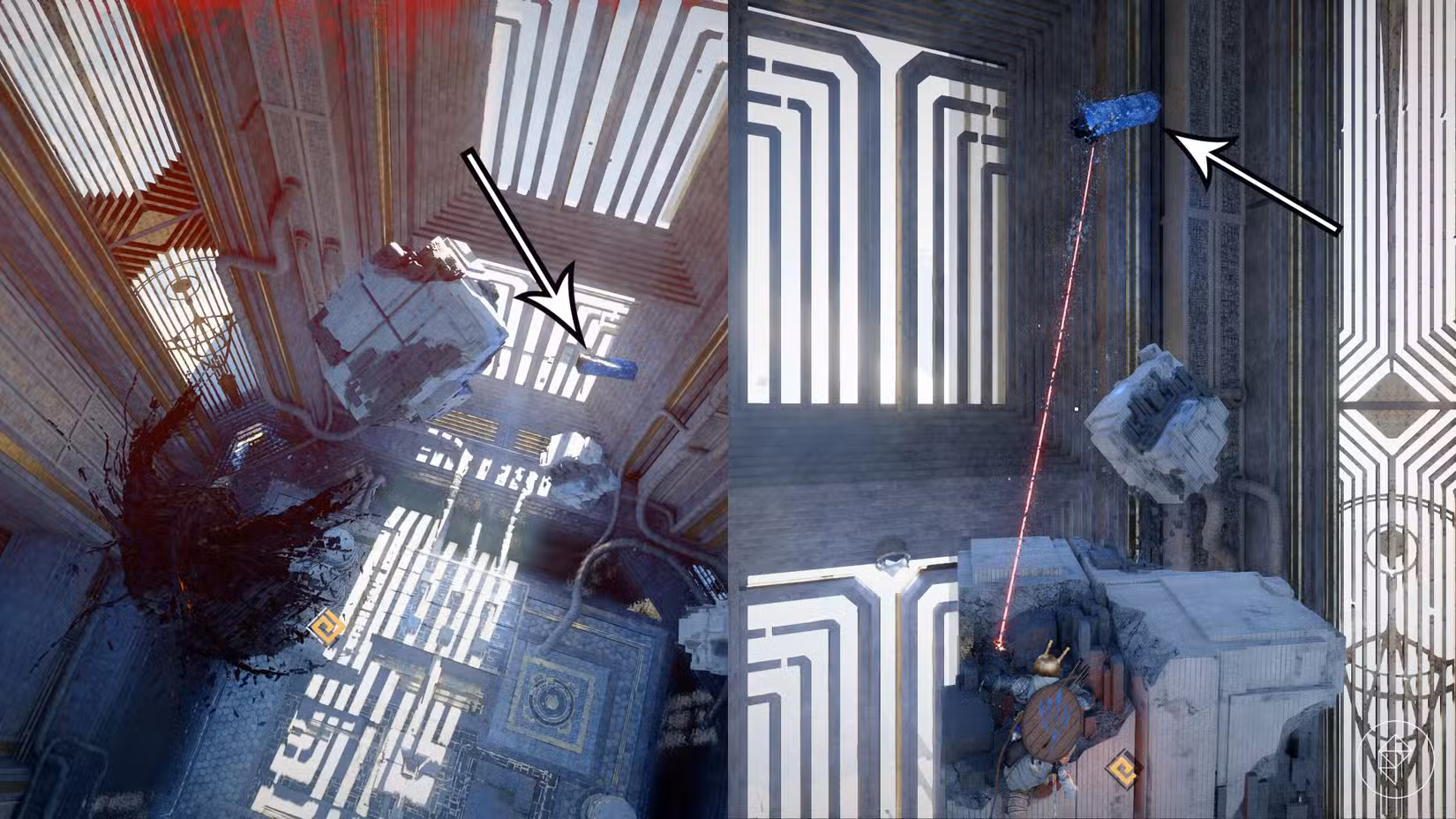 Kliff pega um cristal de energia azul para resolver o quebra-cabeça Root's End Abyss no Crimson Desert.