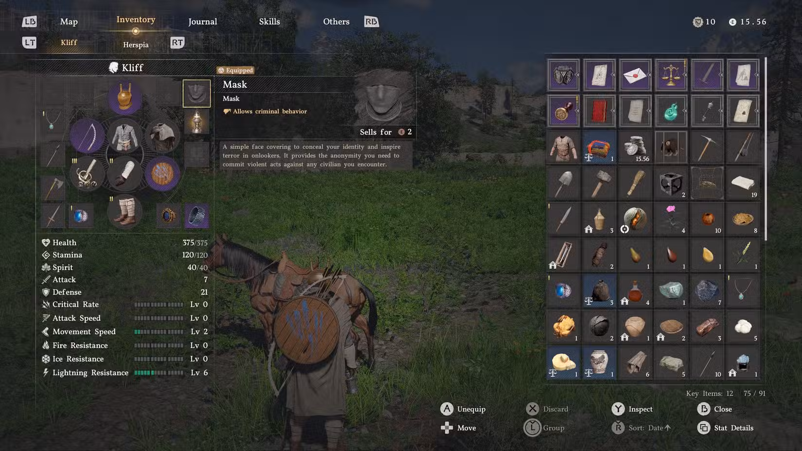 Uma máscara criminosa na tela de inventário do Crimson Desert