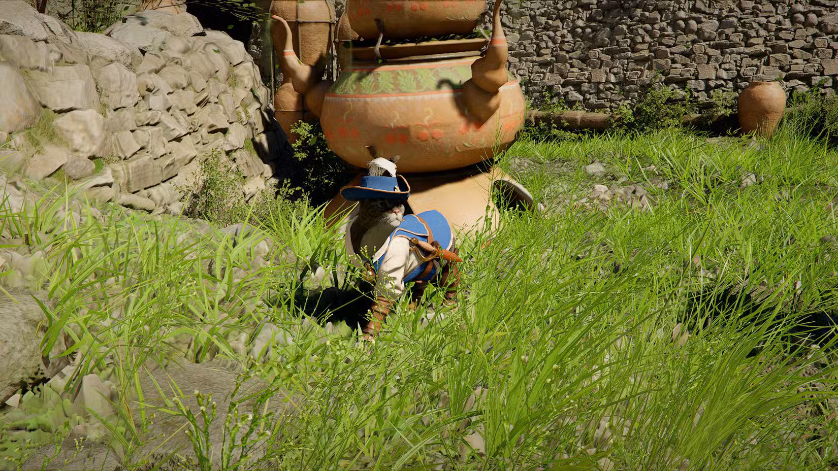 Um gato vestindo uma roupa de mosqueteiro azul e parado na grama no Deserto Carmesim.