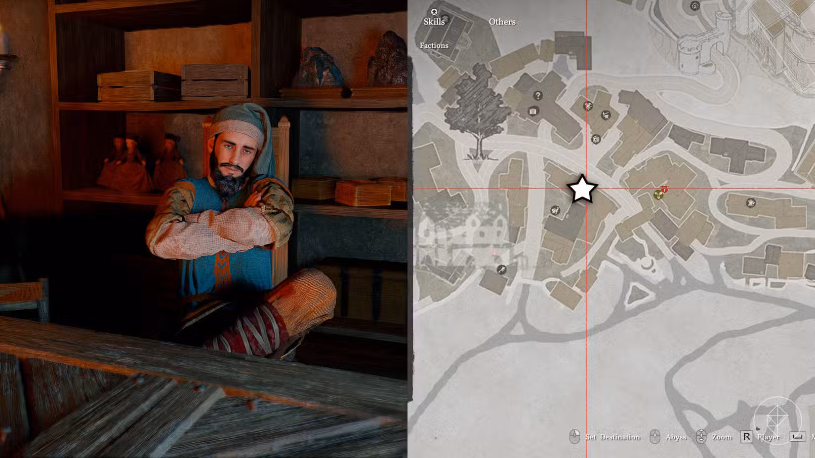 Uma montagem de duas imagens do Deserto Carmesim mostrando a localização da loja do fornecedor