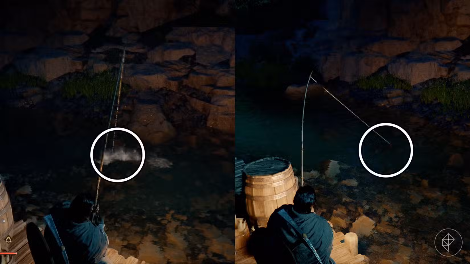 Uma montagem de duas imagens do Crimson Desert mostrando como pescar no jogo