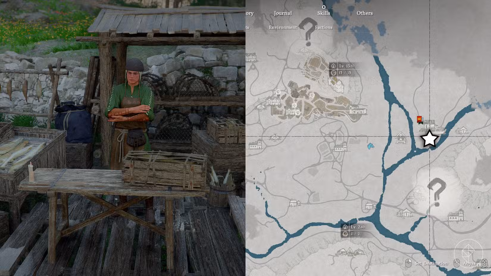 Uma montagem de duas imagens do Crimson Desert mostrando a localização da loja de pesca