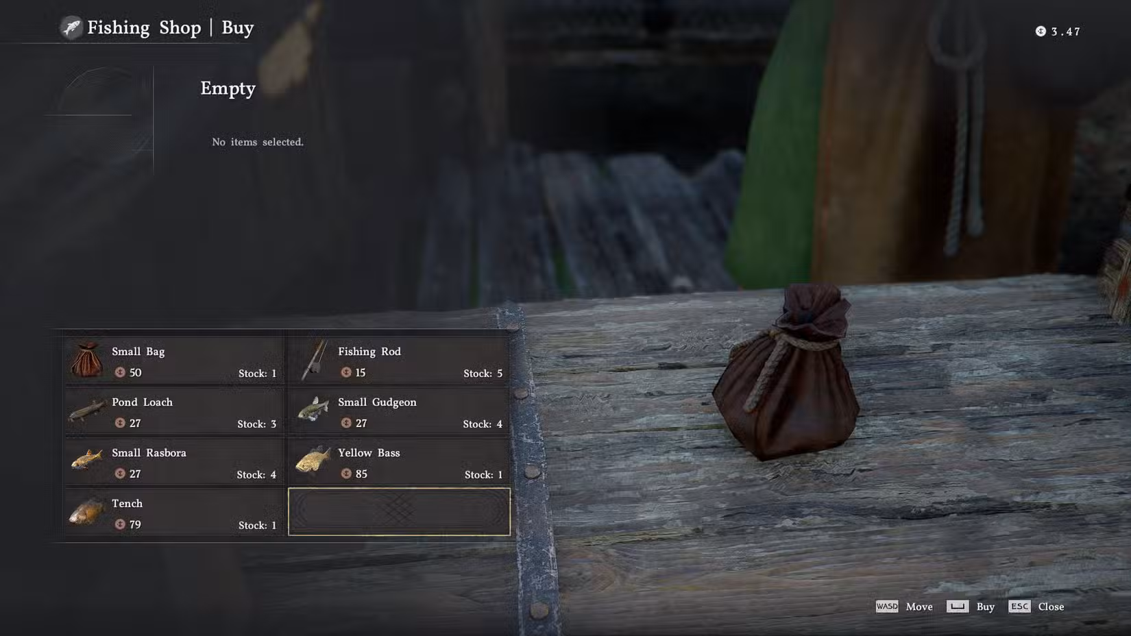 Uma captura de tela do Deserto Carmesim mostrando o estoque de itens da Loja de Pesca