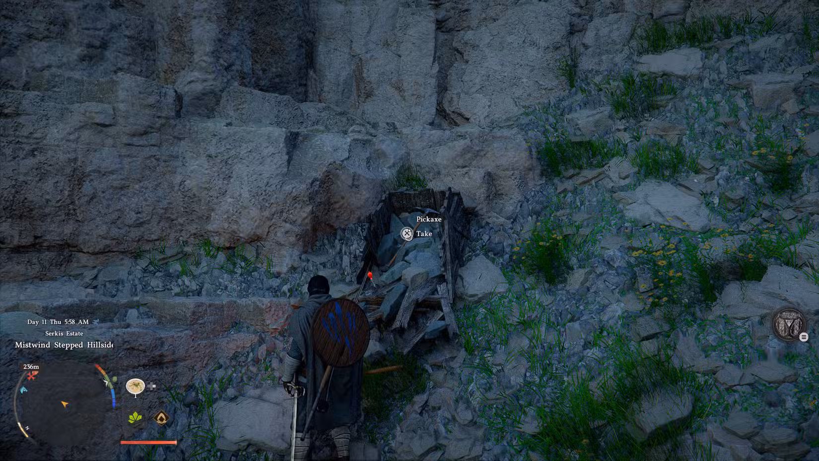 Uma captura de tela do Crimson Desert mostrando um personagem perto de um carrinho com uma picareta dentro